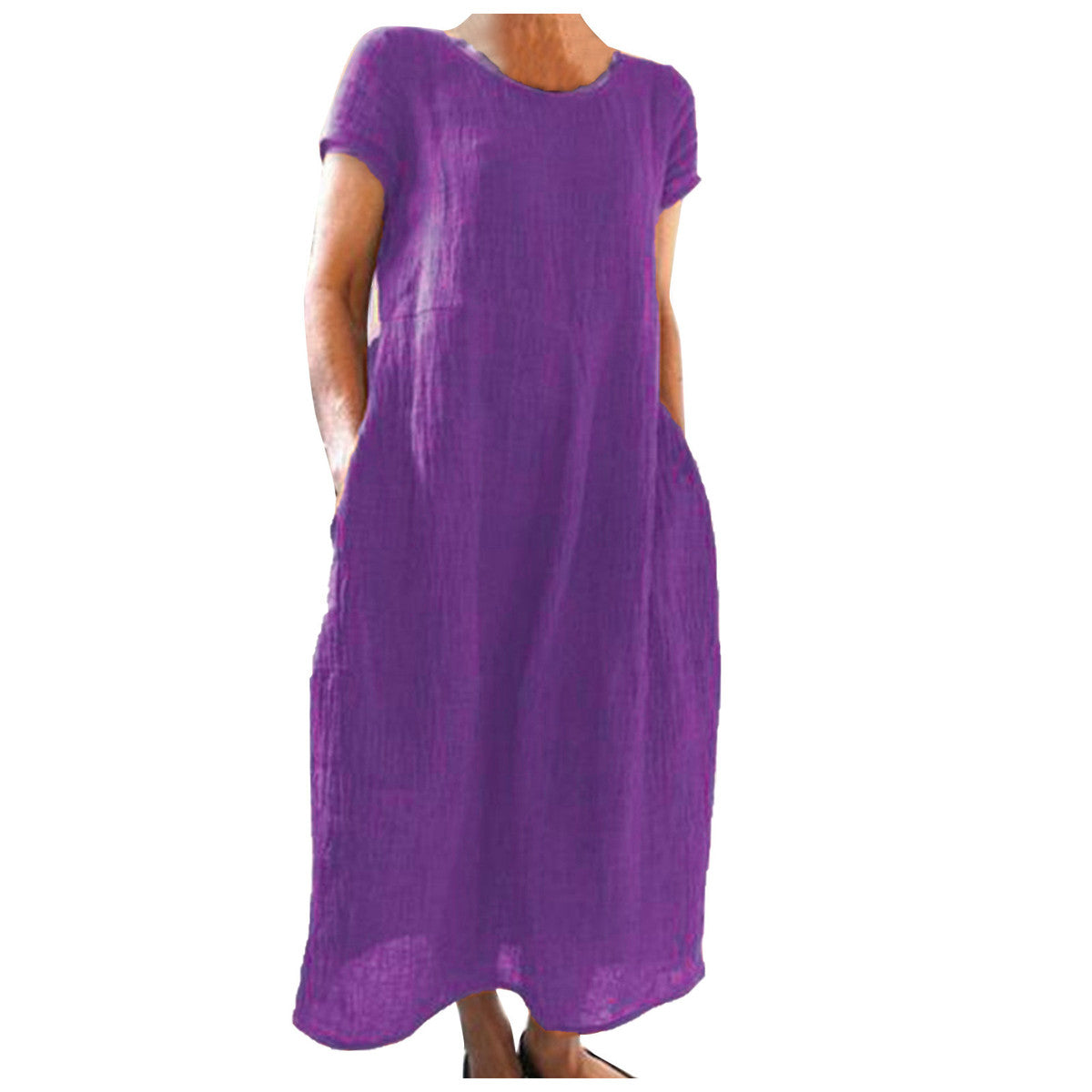 Vestido informal holgado de algodón y lino de color liso para mujer