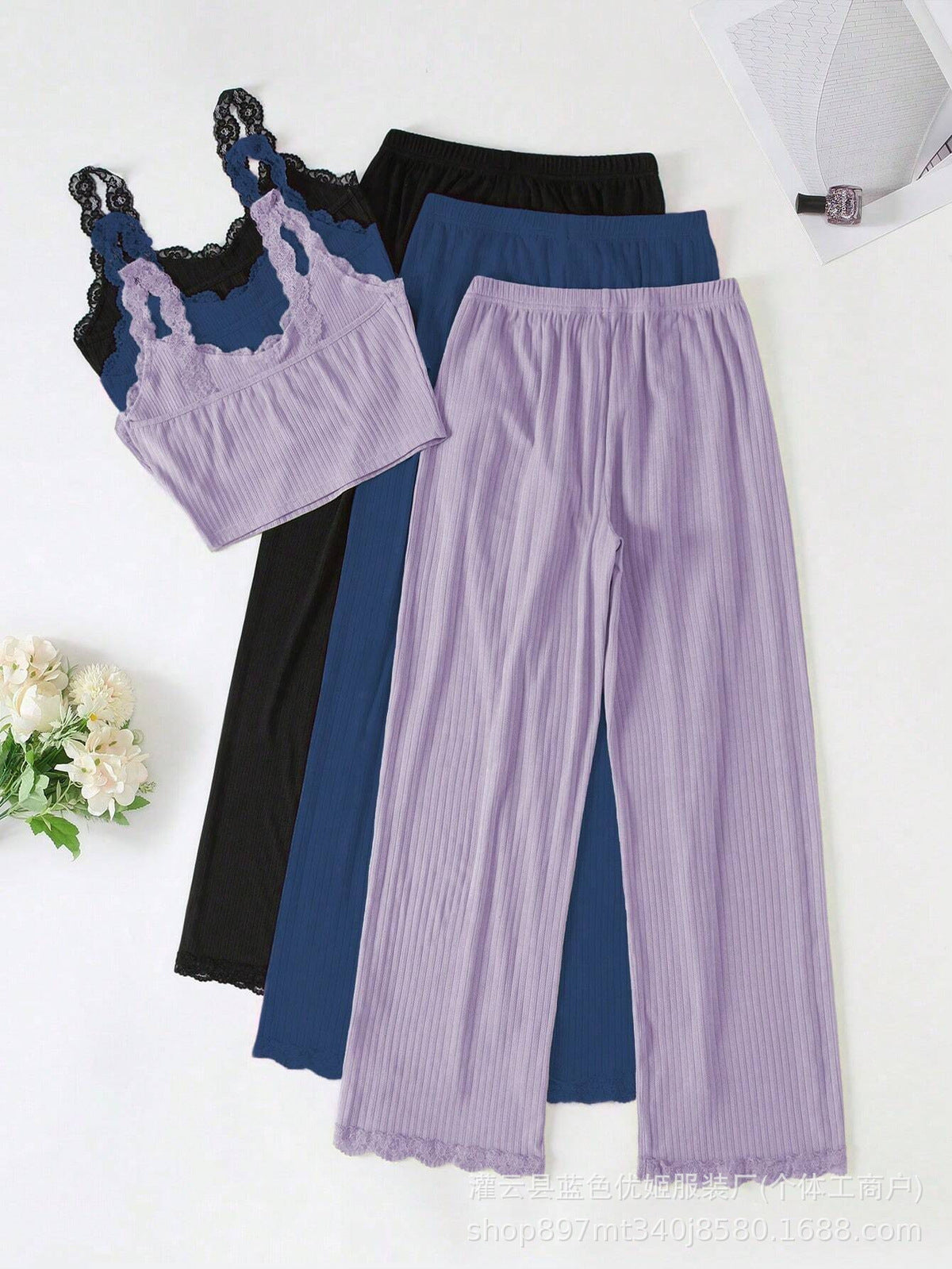 Women Solid Color Lace-Trimmed Crop Top and Loose Pants Pajama Set