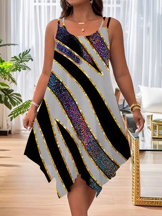 Vestido informal de talla grande con cuello redondo, sin mangas y dobladillo asimétrico para mujer