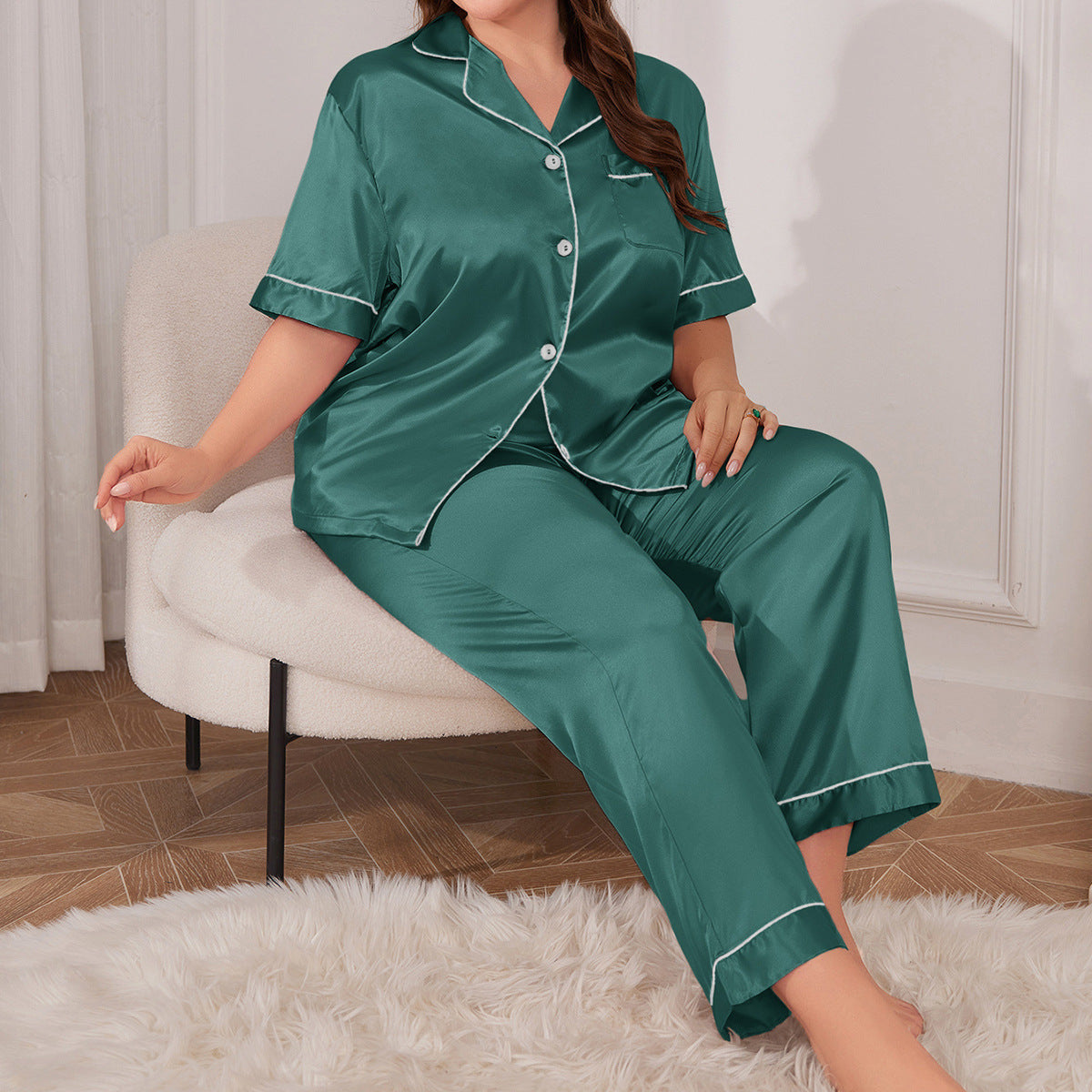 Women Large Size Elegant Silk Short Sleeve Pajamas Set