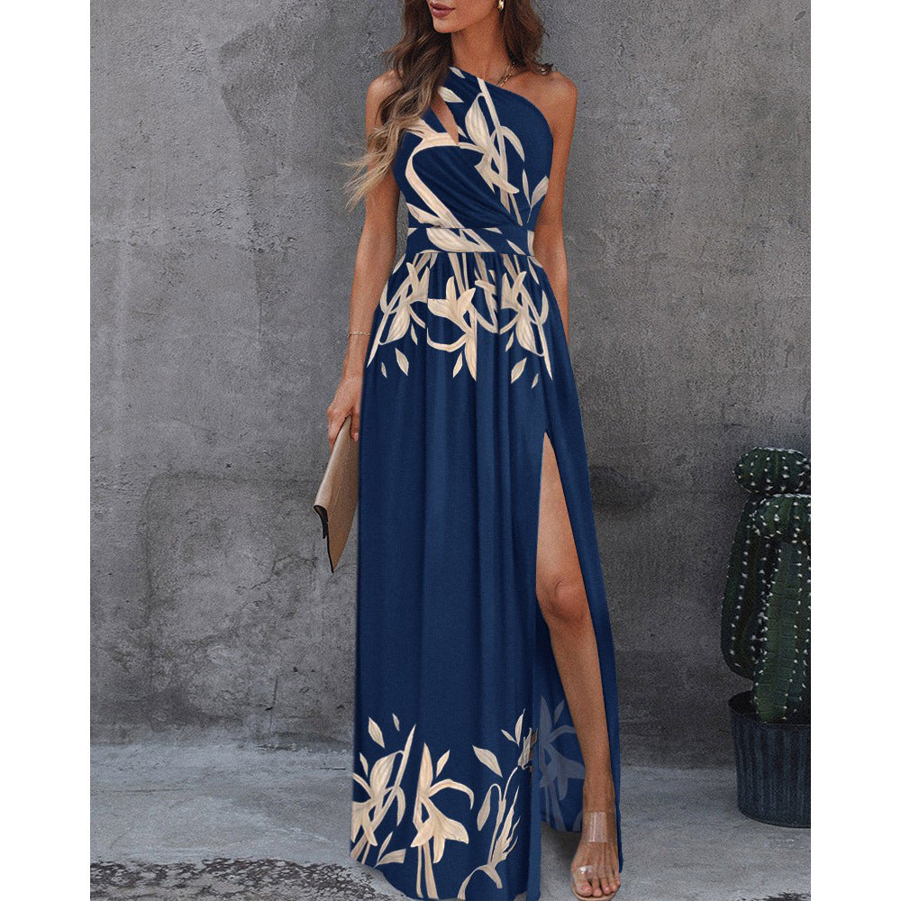 Women Fashion Sexy Slant Shoulder Hollow-Out Sleeveless High Waist Dress