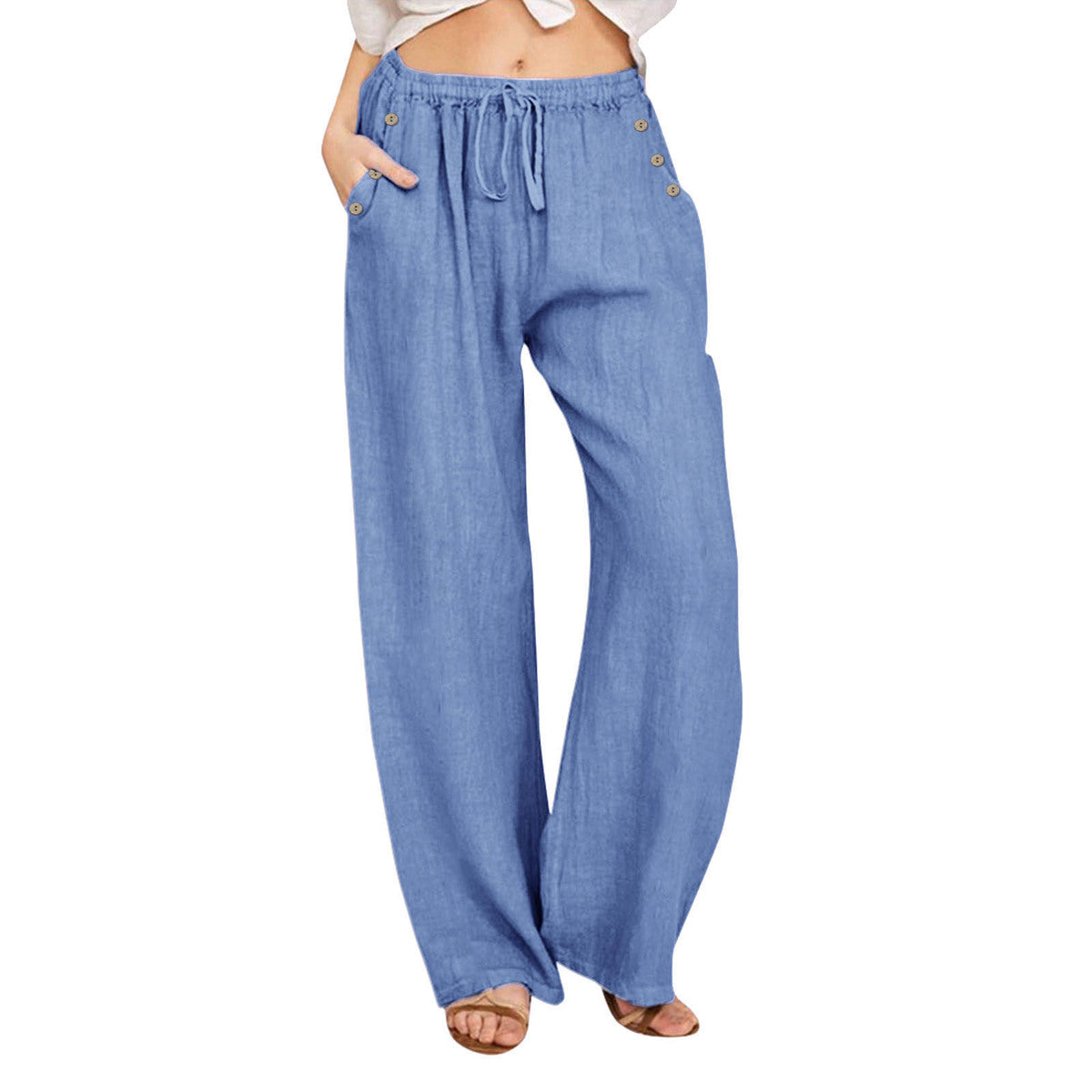 Pantalon décontracté en coton et lin de couleur unie pour femme