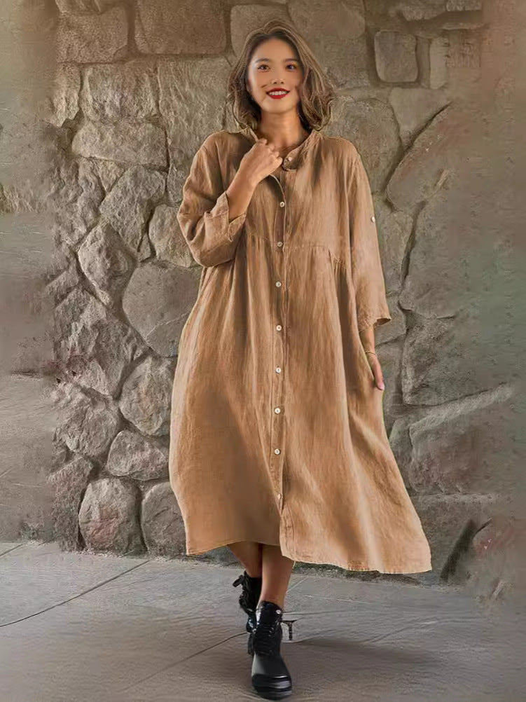 Robe chemise boutonnée décontractée en coton et lin pour femme, couleur unie