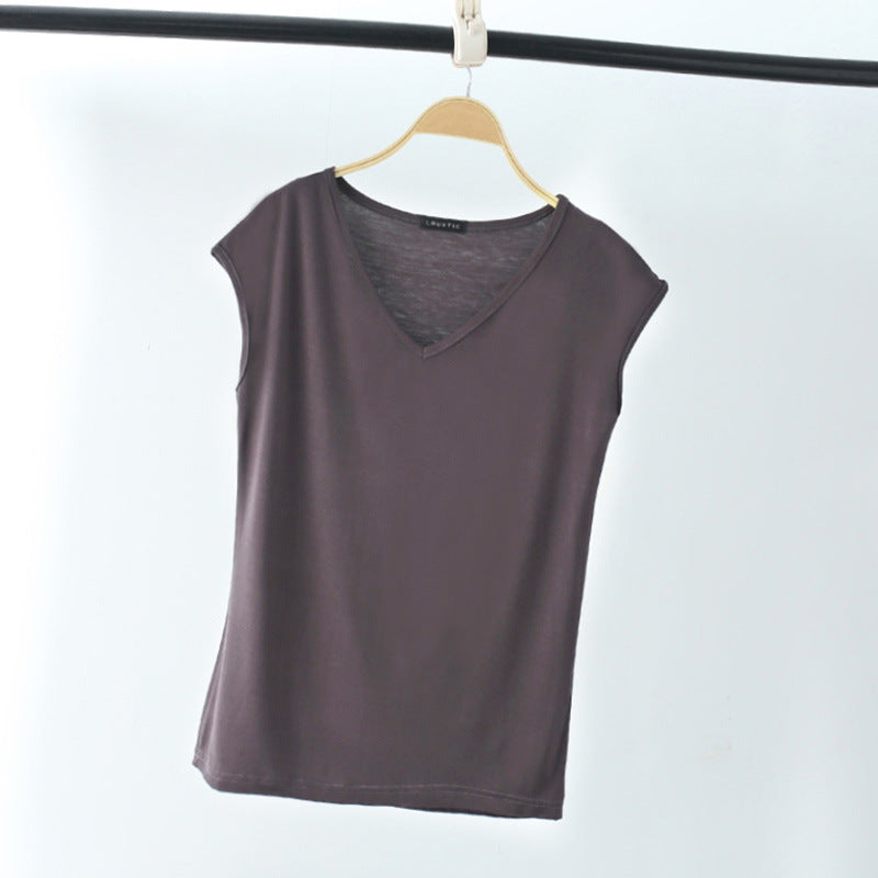 Camiseta informal de manga corta con cuello en V y color liso para mujer