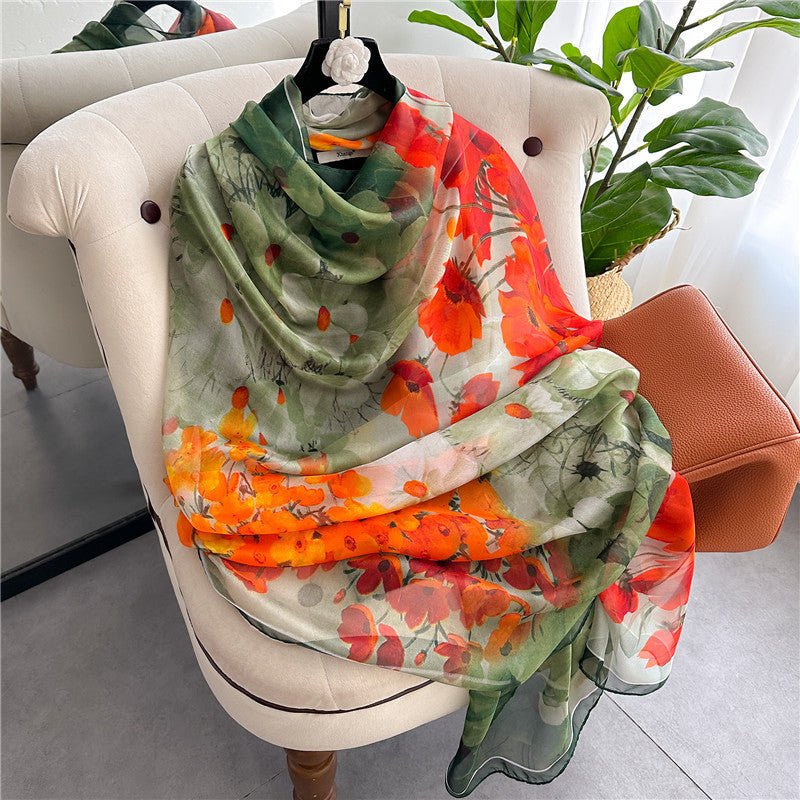 Summer Women Fashion Geometric Leaves Printed Silk Scarf
