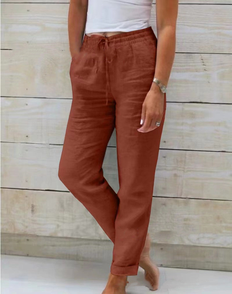 Women Casual Solid Color Cotton And Linen High-Waist Lace-Up Pants