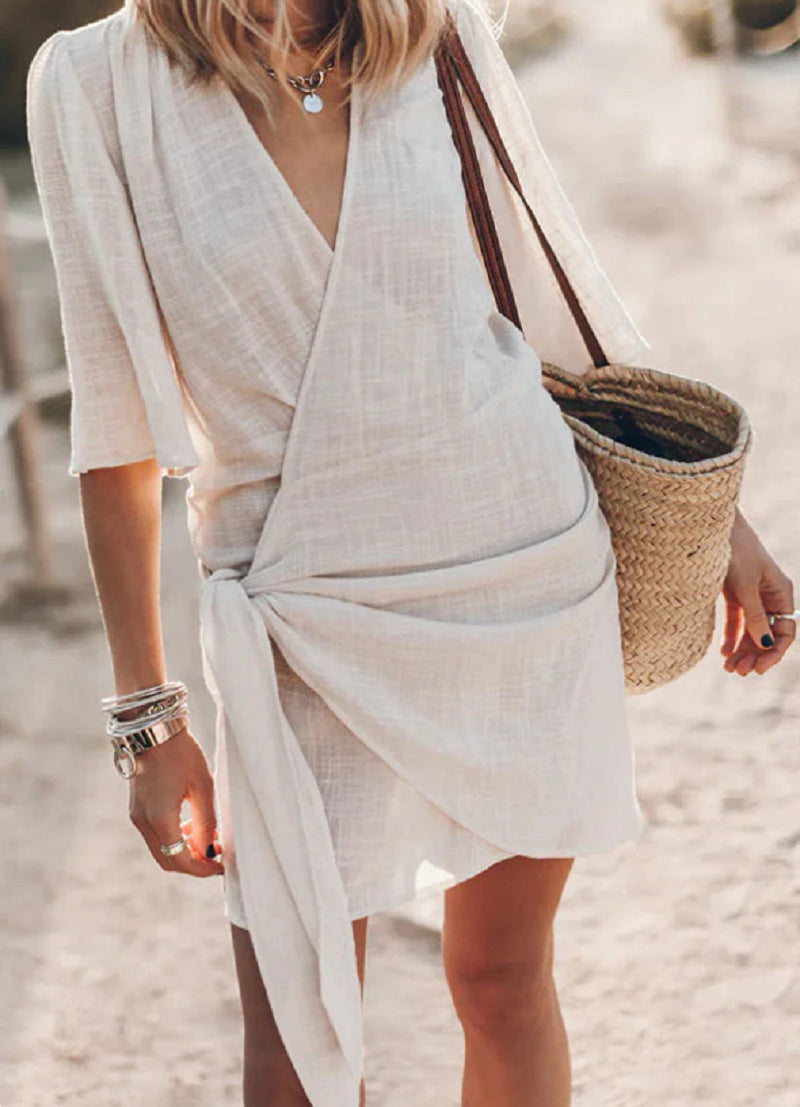 Vestido informal de verano para mujer, de lino y algodón con escote en V cruzado