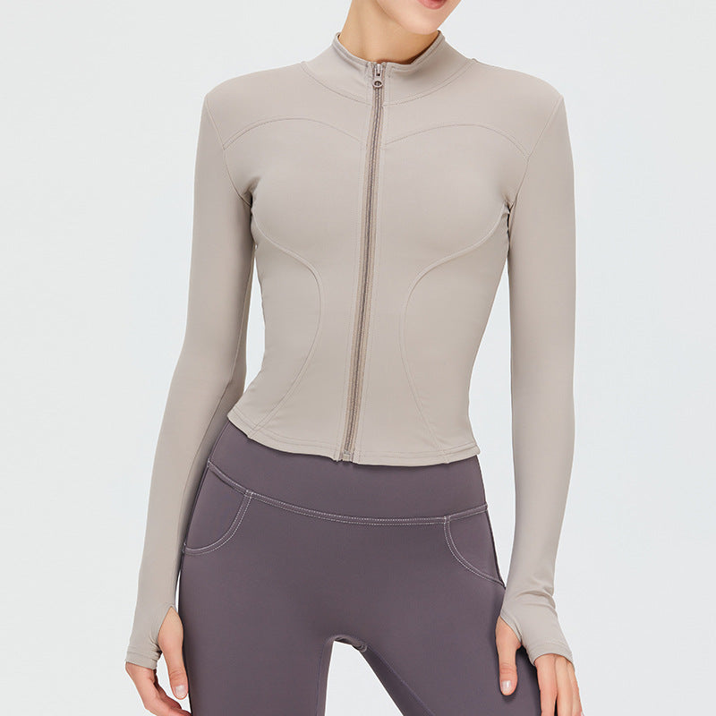 Veste de sport décontractée à manches longues et fermeture éclair pour femme, couleur unie, idéale pour le yoga