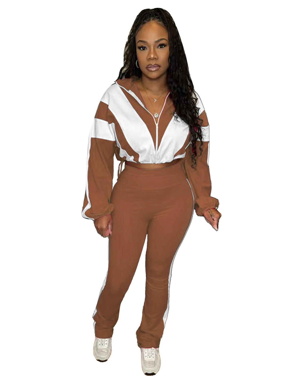 Women Athleisure Rubber Buckle Tight Waist Crop Sweatshirt Pants Set