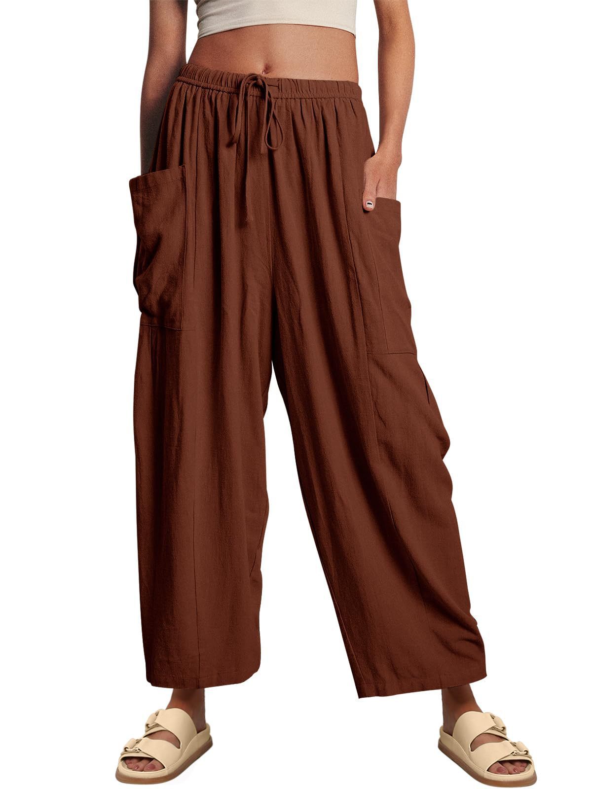 Pantalones anchos de cintura alta de lino y algodón para mujer