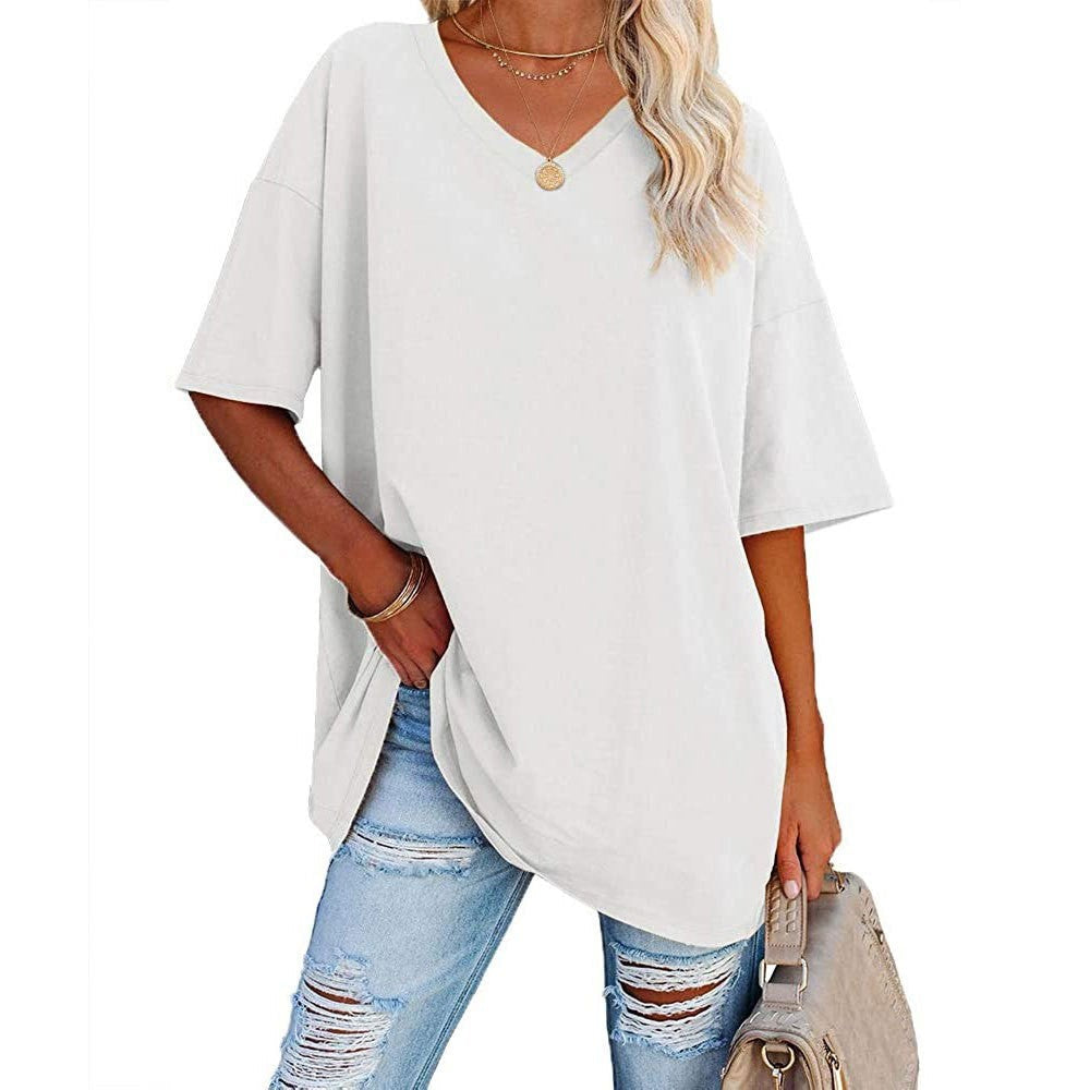 Camiseta informal holgada de manga corta con cuello en V para mujer, color liso