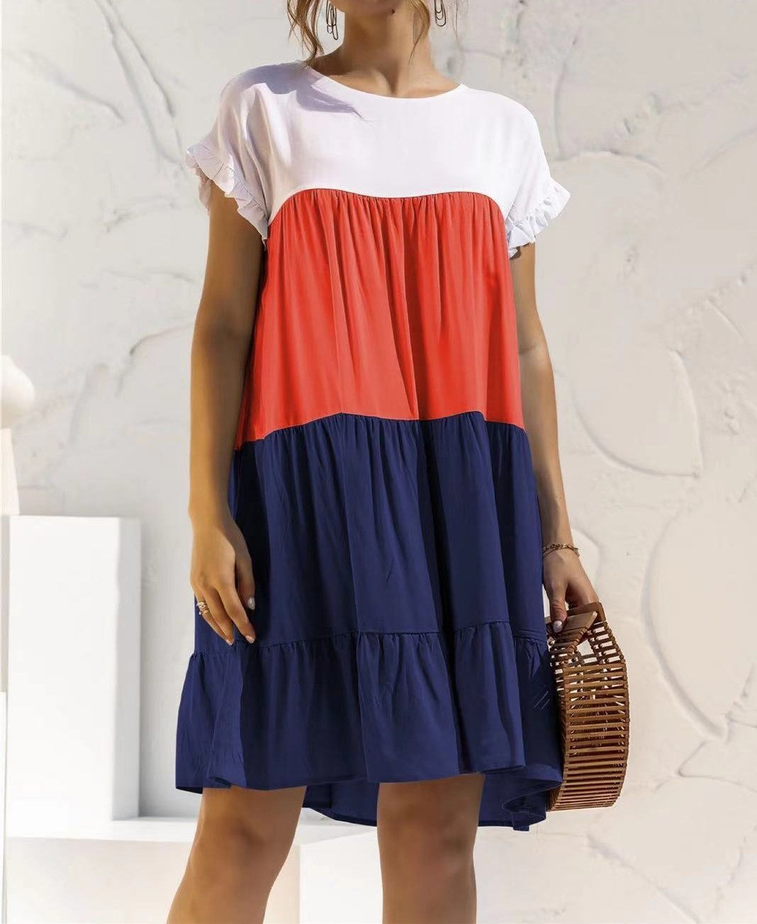 Women Fashion Casual Color Block Round Neck Dress