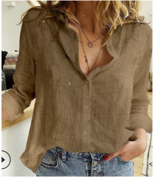 Women Casual Basic Solid Color Loose Long Sleeve Linen Shirt