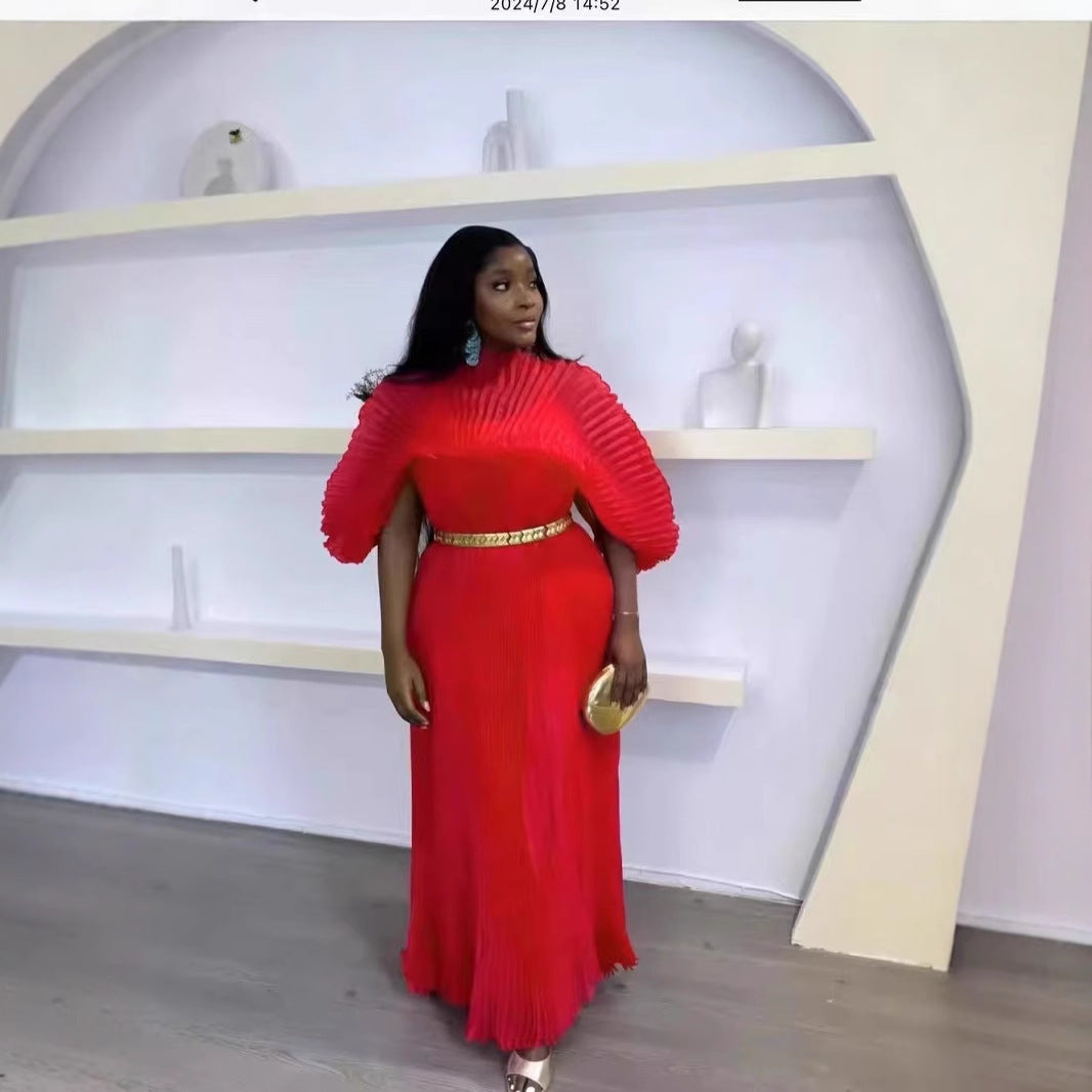 African Women Fashion Elegant Solid Color Pleated Dress