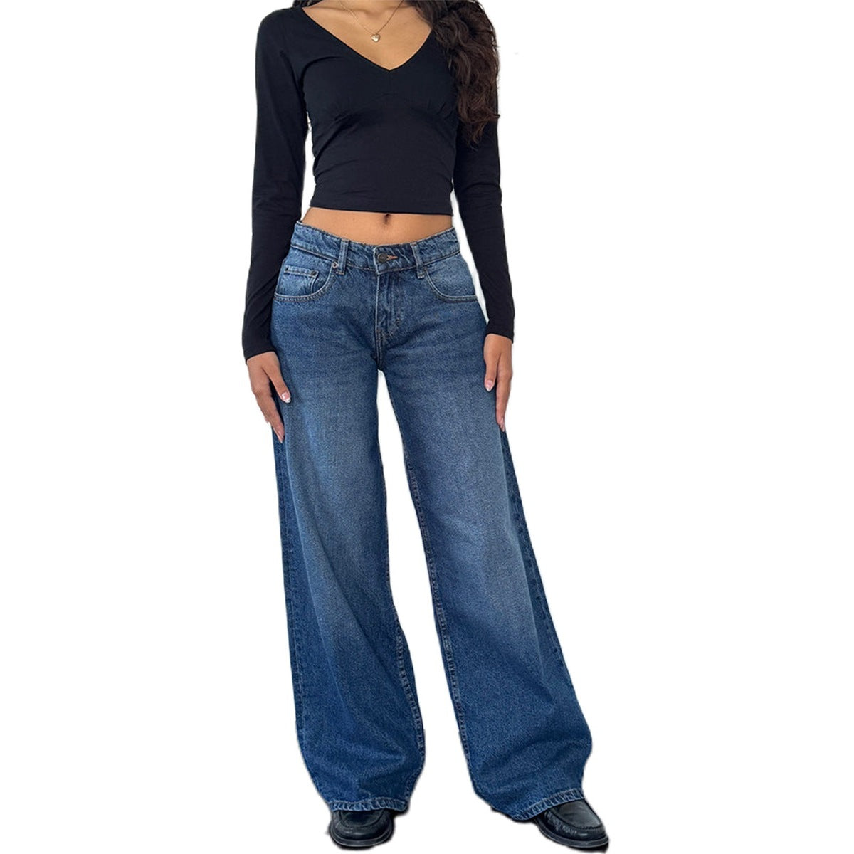 Vaqueros rectos de cintura baja de color liso retro casual para mujer