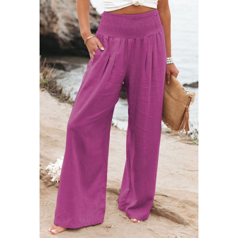Women Fashion Casual Solid Color Cotton Linen Wide Leg Pants