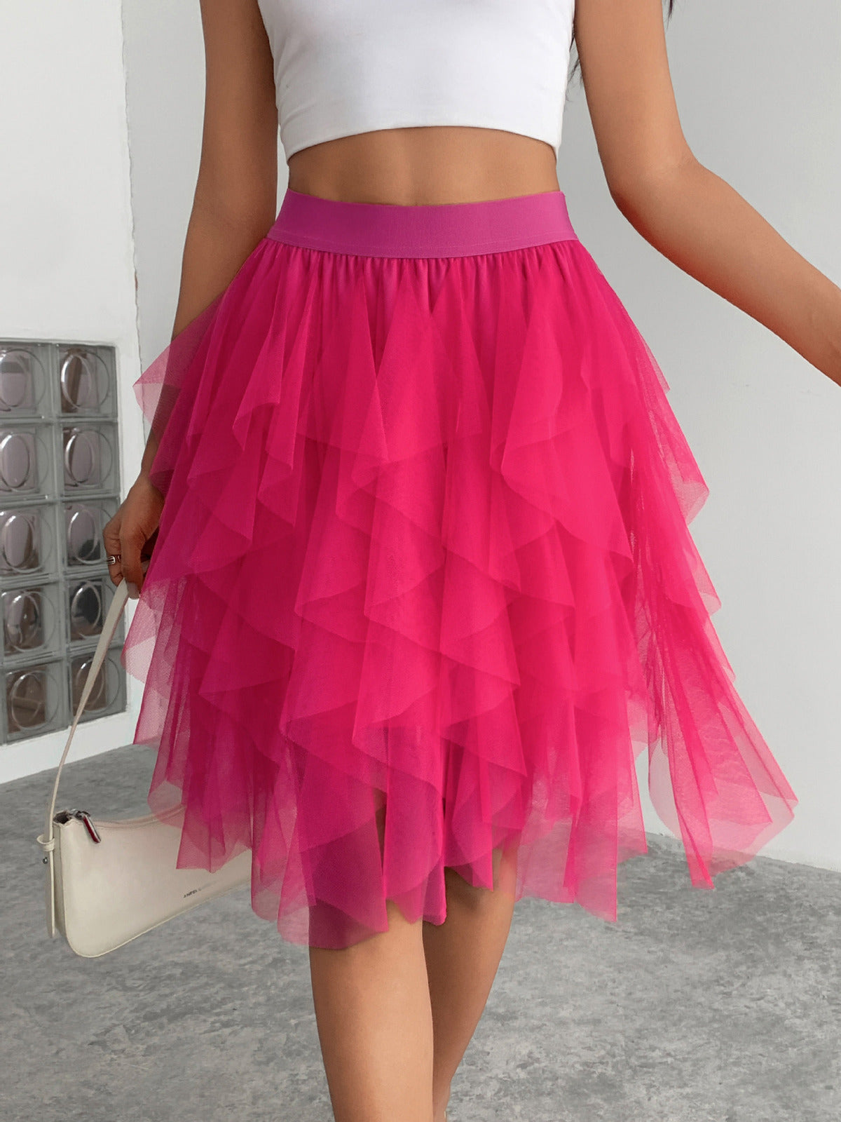 Women Fashion Solid Color Mesh Irregular Hem Skirt
