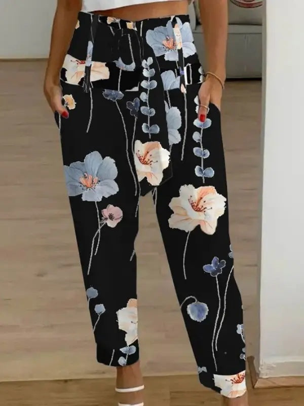 Pantalones casuales de lino con estampado floral de color liso de verano para mujer