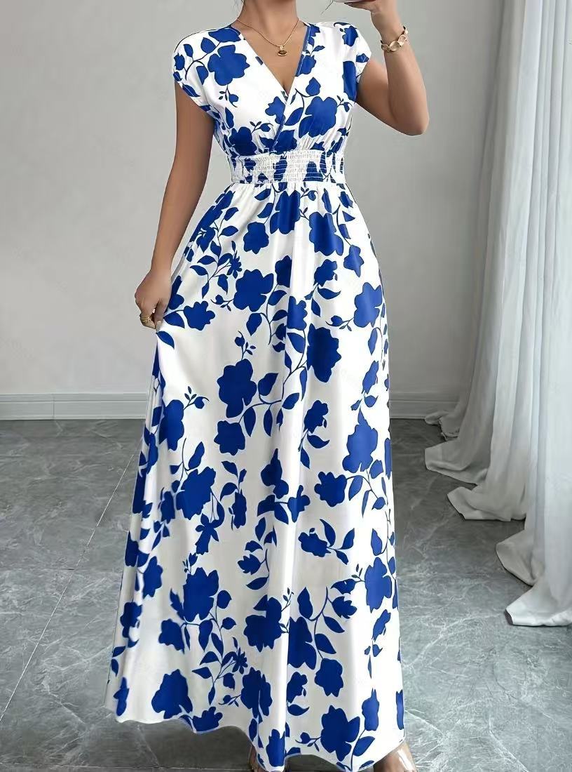 Women Fashion Elegant Floral Printed V-Neck Dress