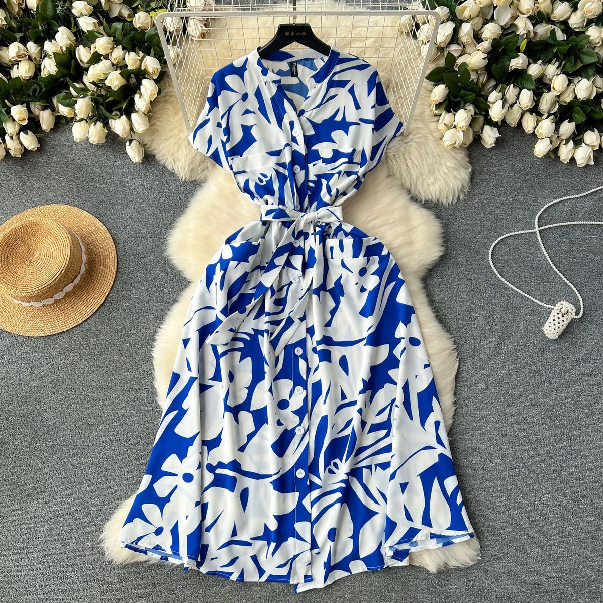 Women Fashion Casual Vacation Printed V-Neck Dress