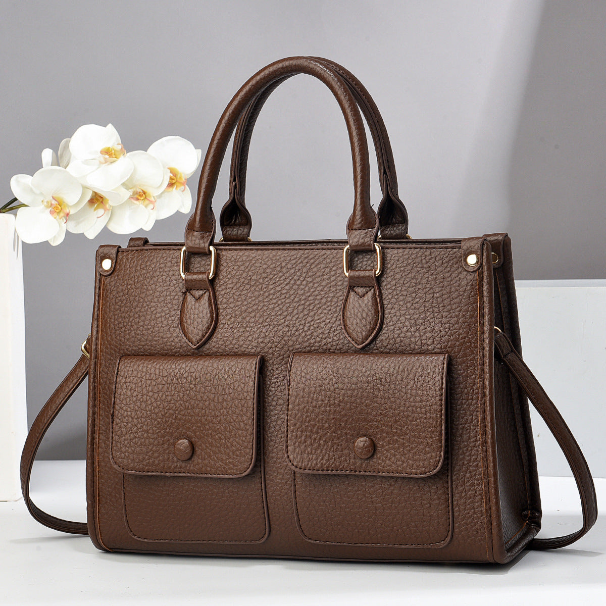 Bolso de mano informal de color liso con doble bolsillo para mujer