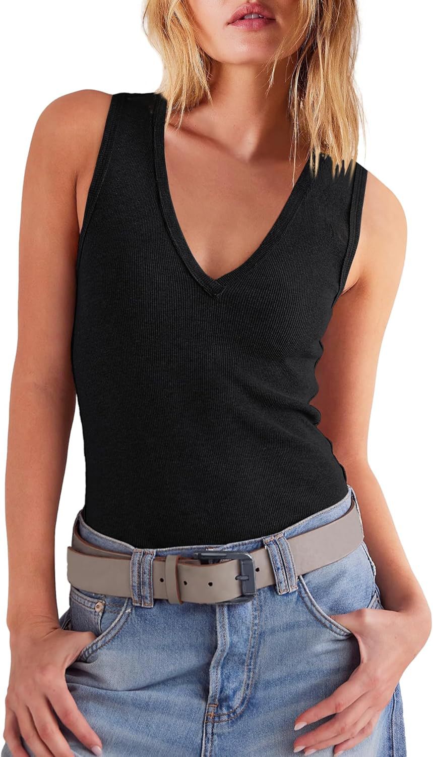 Women Fashion Simple Solid Color V-Neck Knit Tank Top