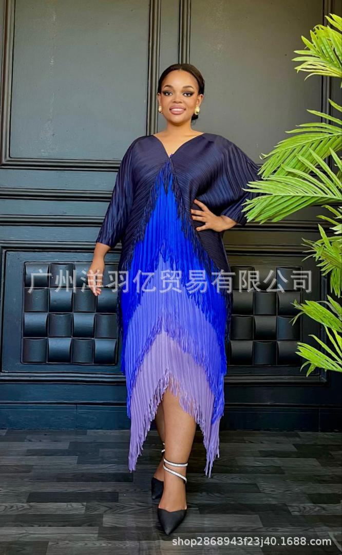 African Women Fashion Pleated Color Matching Dress