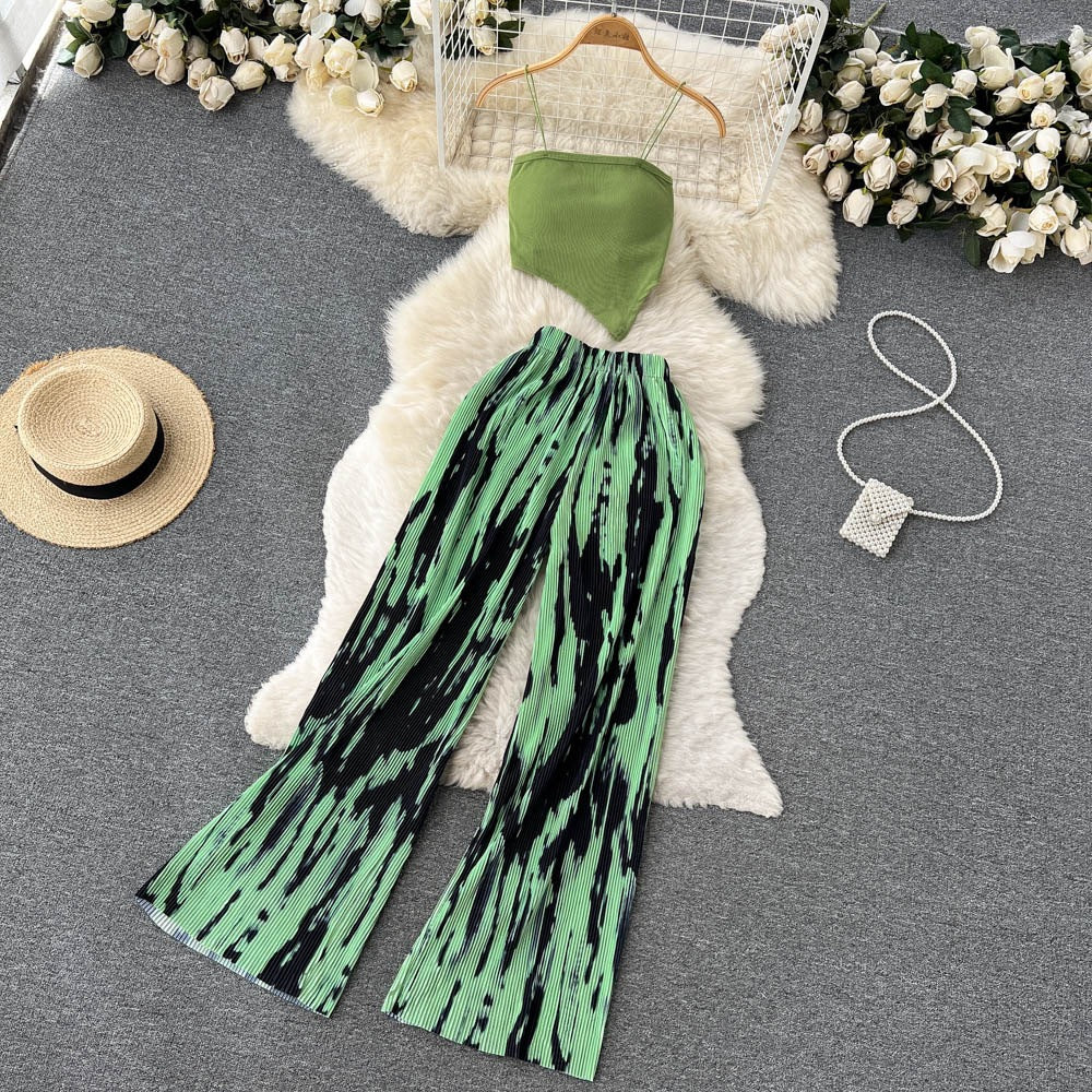 Ensemble deux pièces pour femme, caraco à bretelles spaghetti et pantalon large en tissu mélangé