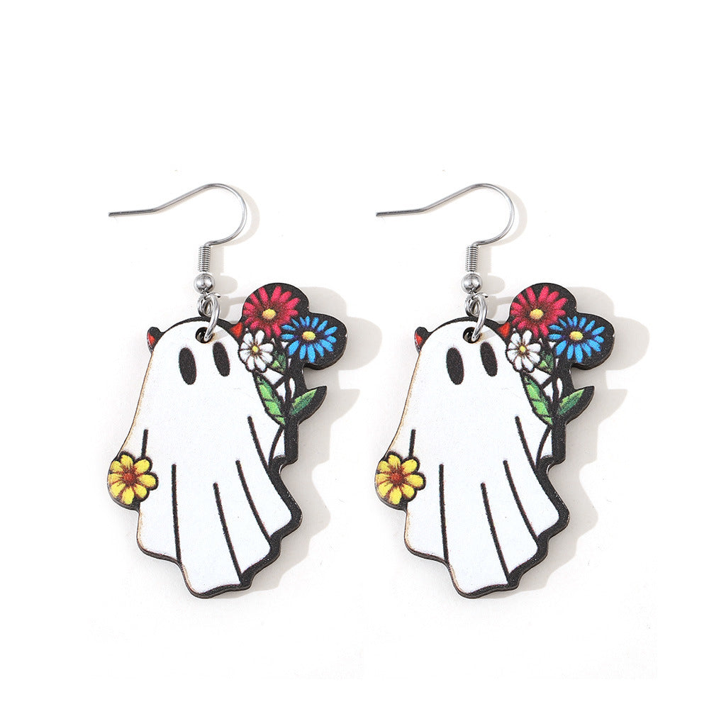 Halloween Women Double-Sided Wooden Earrings with Cartoon Creatures