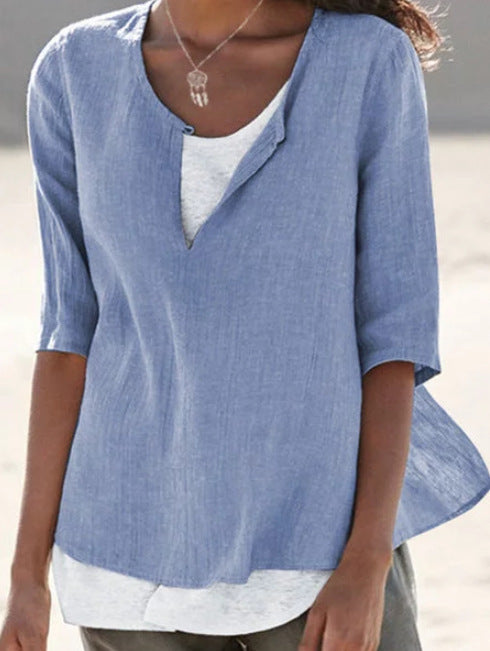 Blusa informal de lino con cuello en V y color liso para mujer