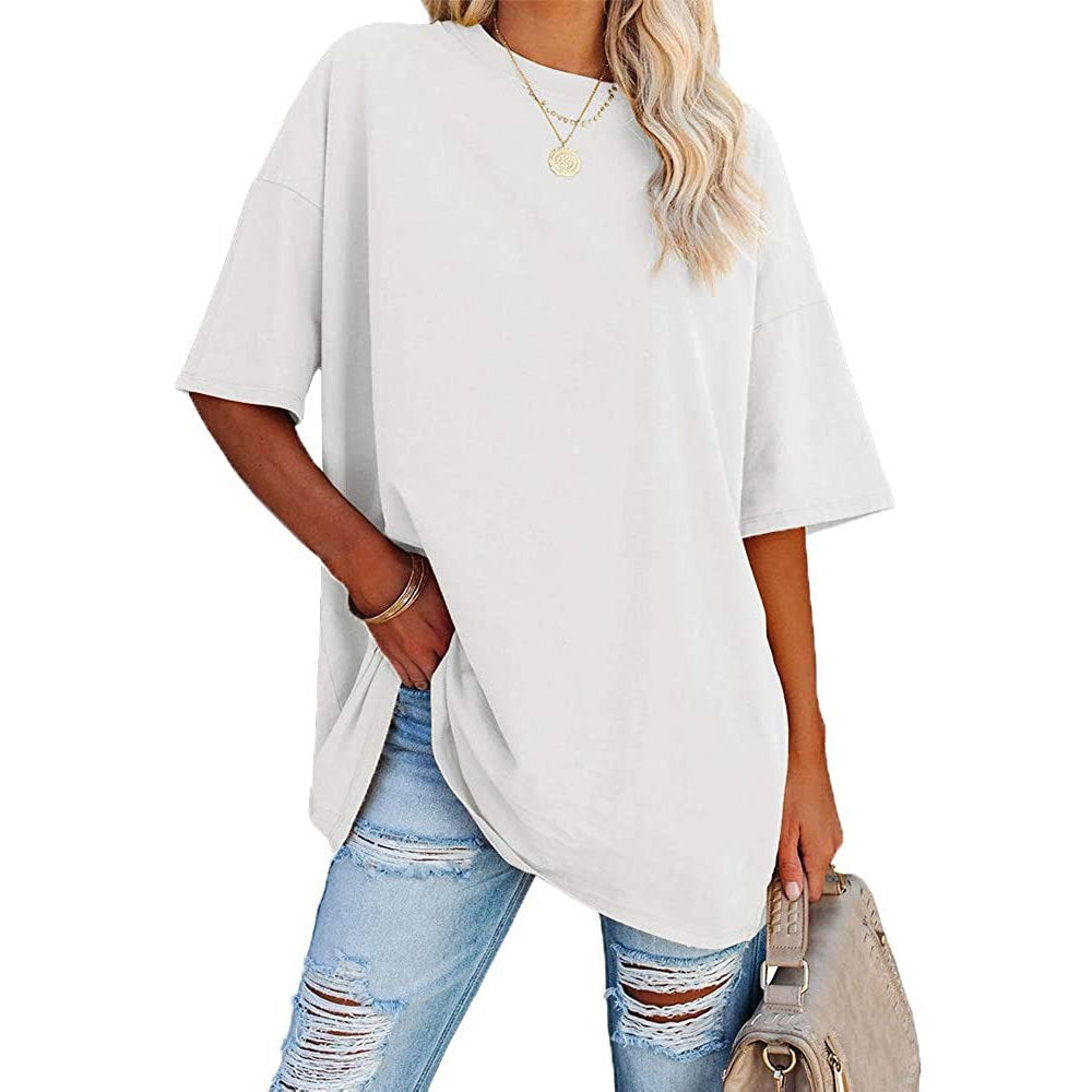 Camiseta informal de manga corta con cuello redondo para mujer, lisa, holgada y lisa