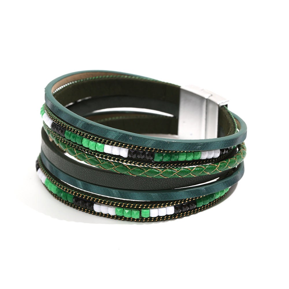 Pulsera bohemia de cuero multicapa con hebilla magnética