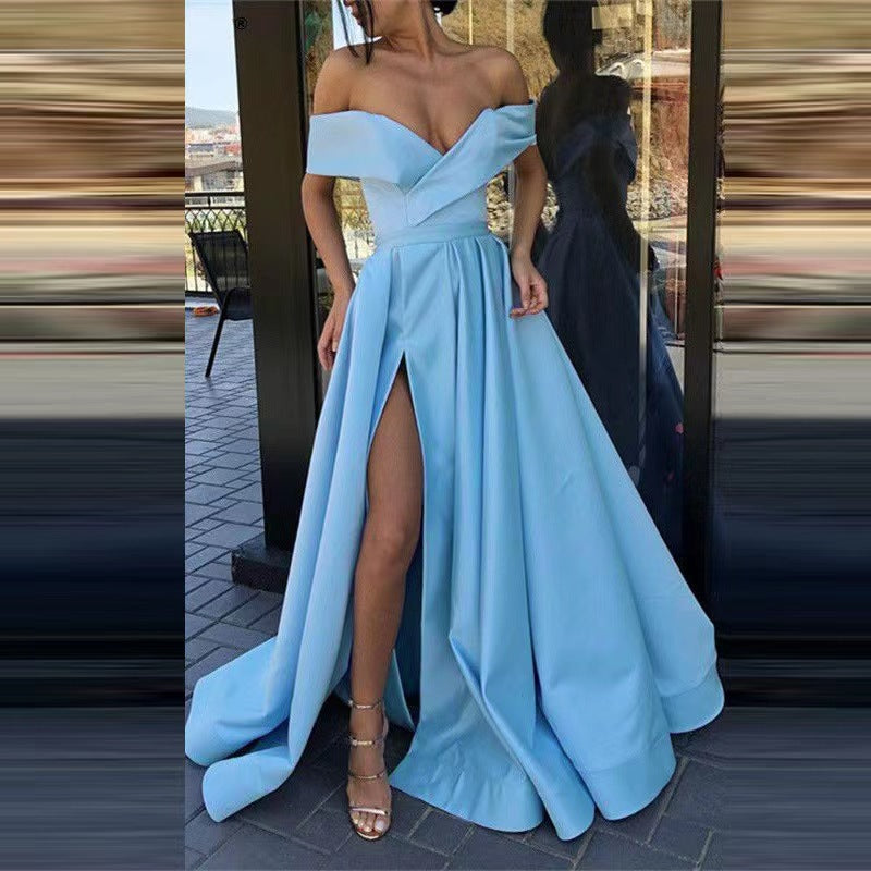 Women Sexy Elegant Satin Deep V-Neck Off Shoulder Party Dress
