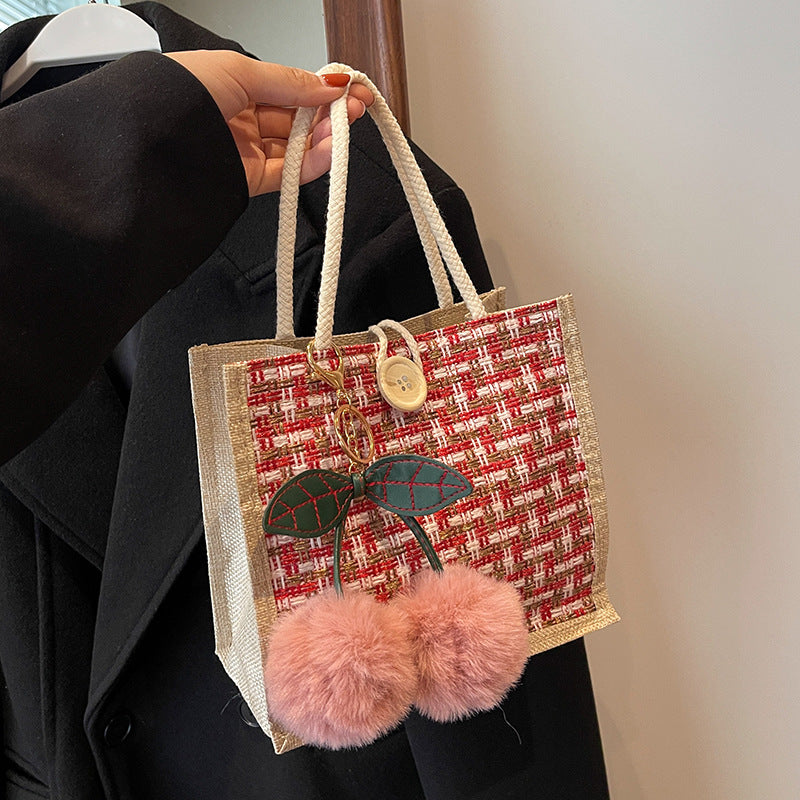 Women Fashion Casual Color Block Cherry Pendant Tote Bag