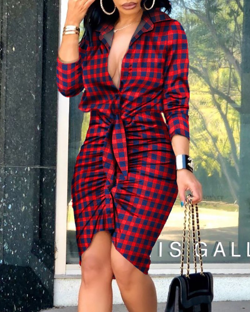 Vestido camisero a cuadros con cordones y cuello en V de verano para mujer