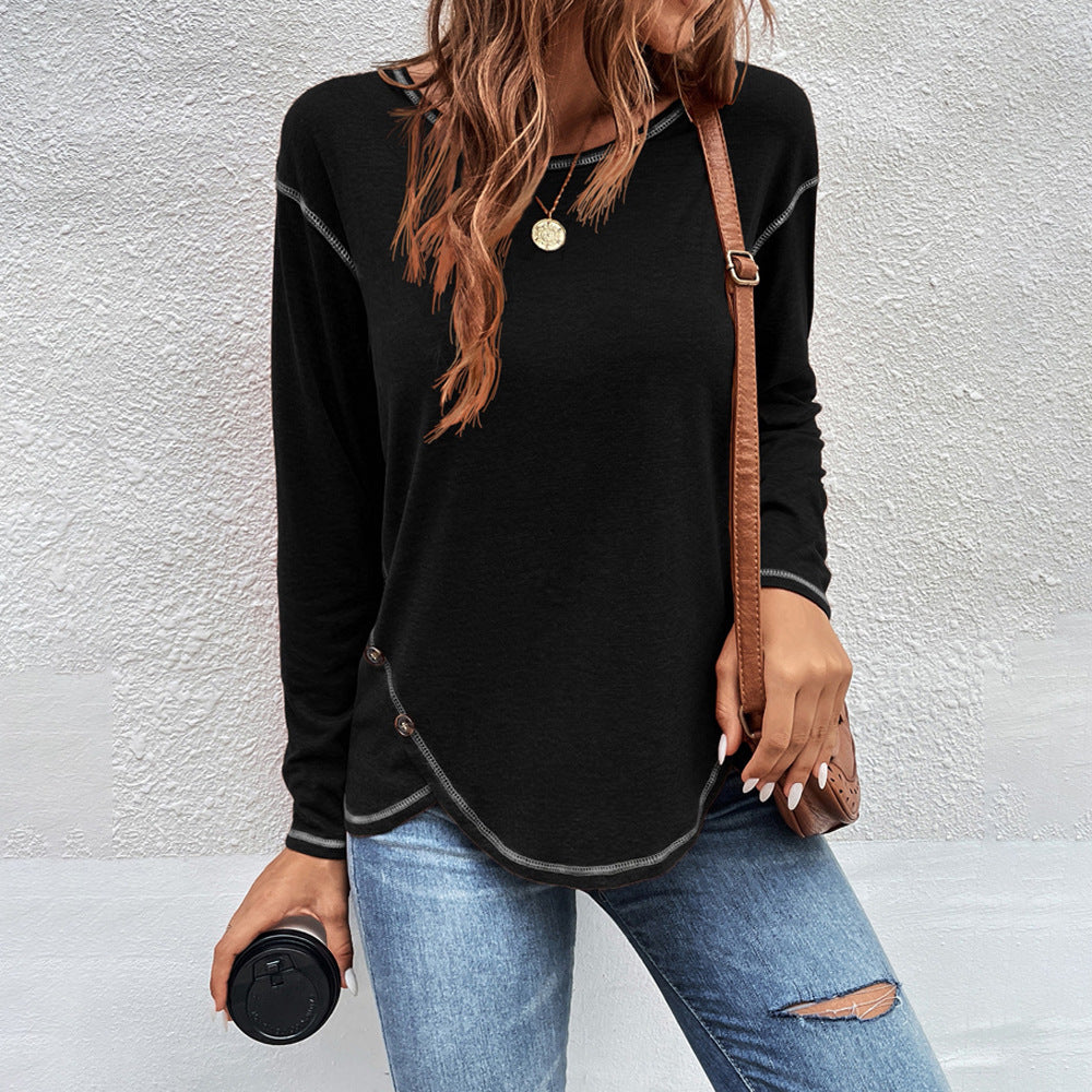 Women Simple Solid Color Button Irregular Round Neck Long Sleeve Blank T-Shirt
