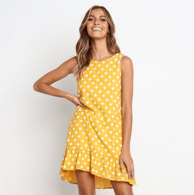 Minivestido playero bohemio de verano con lunares, sin mangas y volantes para mujer