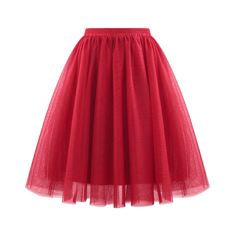 Women Fashion Elegant Solid Color High Waist Pleated Mesh Skirt