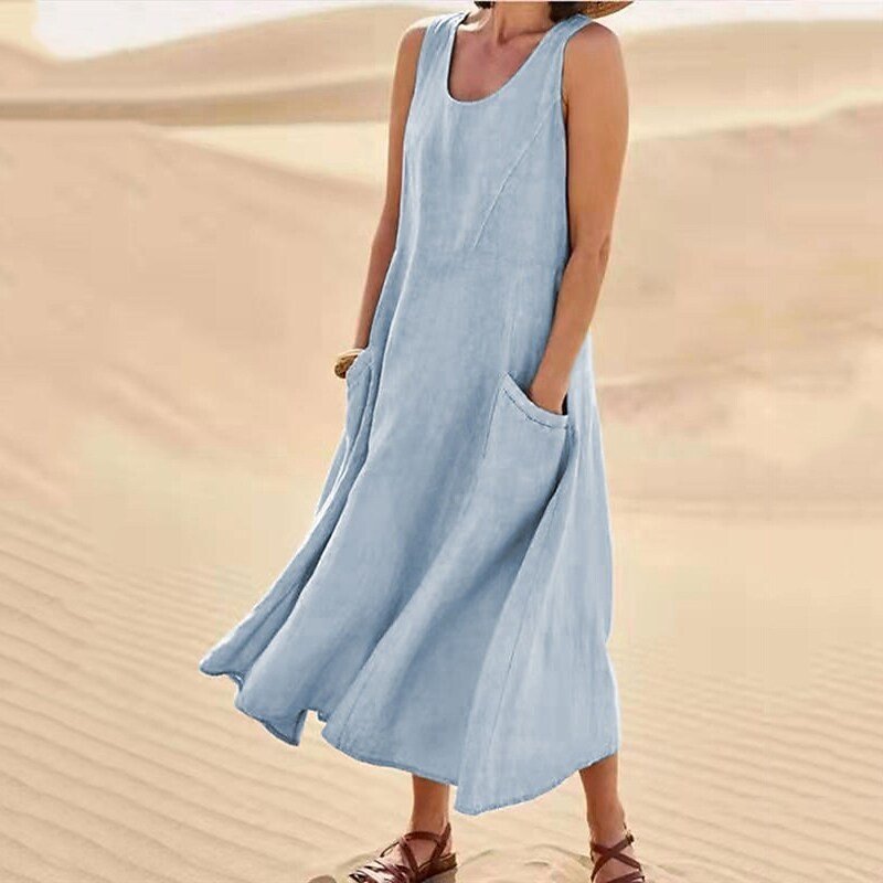 Robe d'été décontractée en lin de couleur unie pour femme