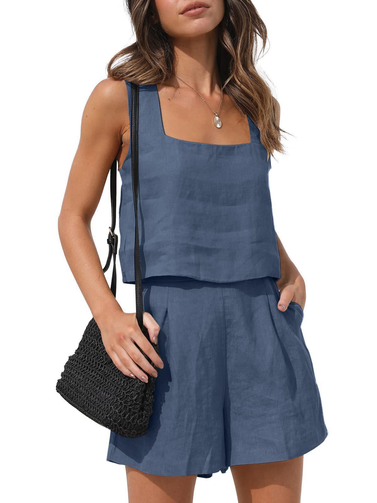 Women Casual Solid Color Linen Two-Piece Set