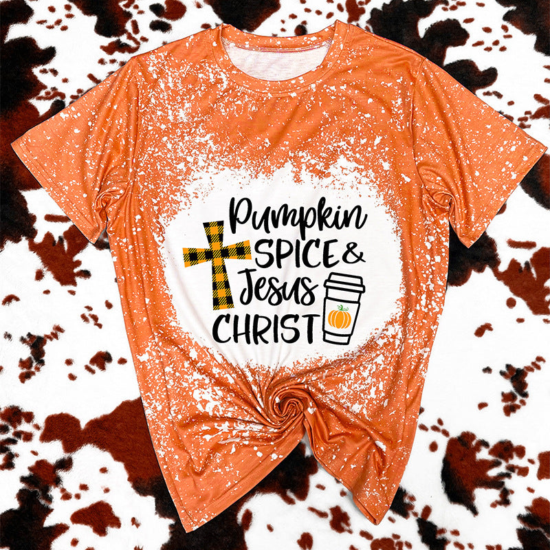 Camiseta de manga corta con estampado naranja de Halloween para mujer