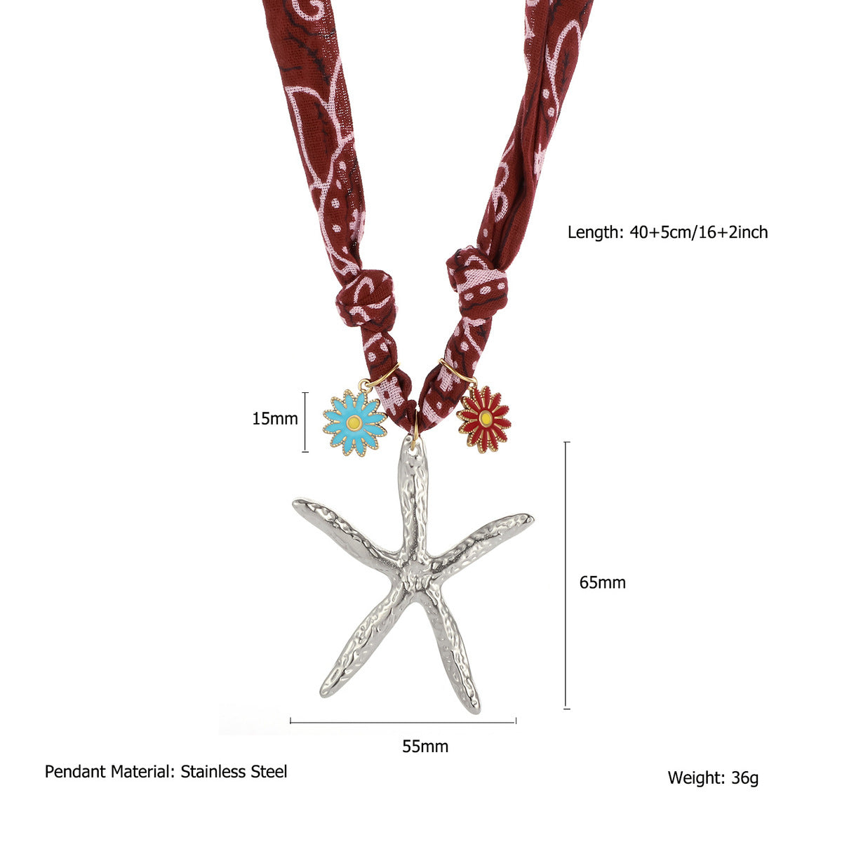 Collar de bufanda de seda con colgante de estrella de mar y caracola de viento oceánico para mujer, joyería de acero inoxidable con forma de animal