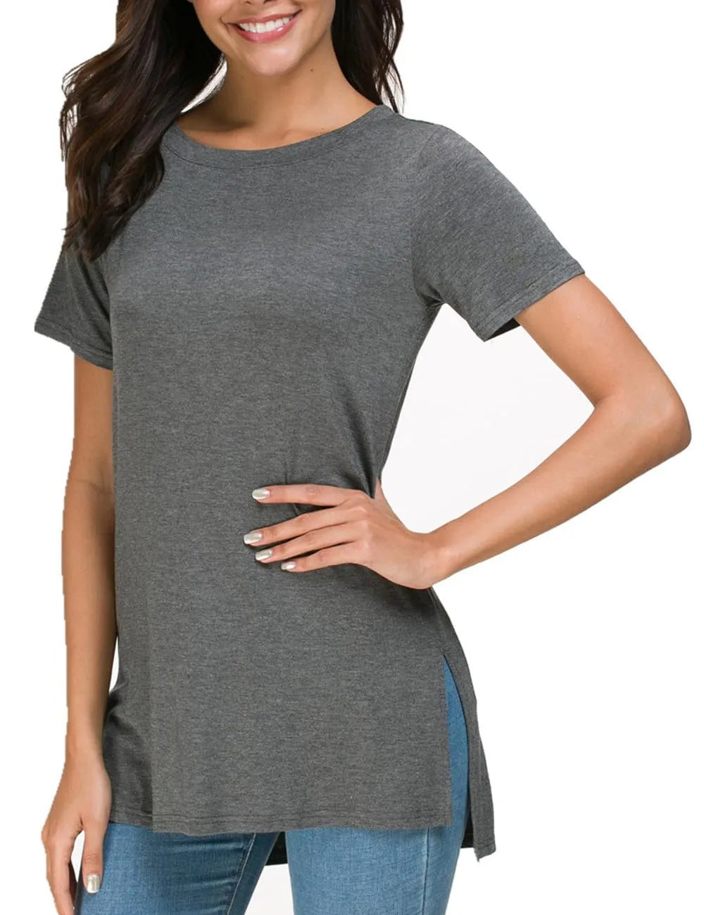 Camiseta sencilla de manga corta con cuello redondo y color liso para mujer