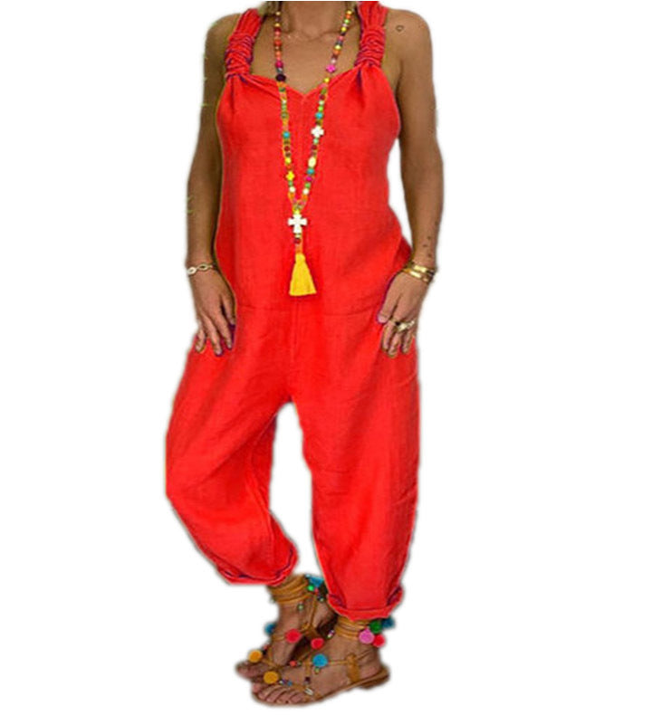 Women Casual Solid Color Linen Sleeveless Jumpsuits