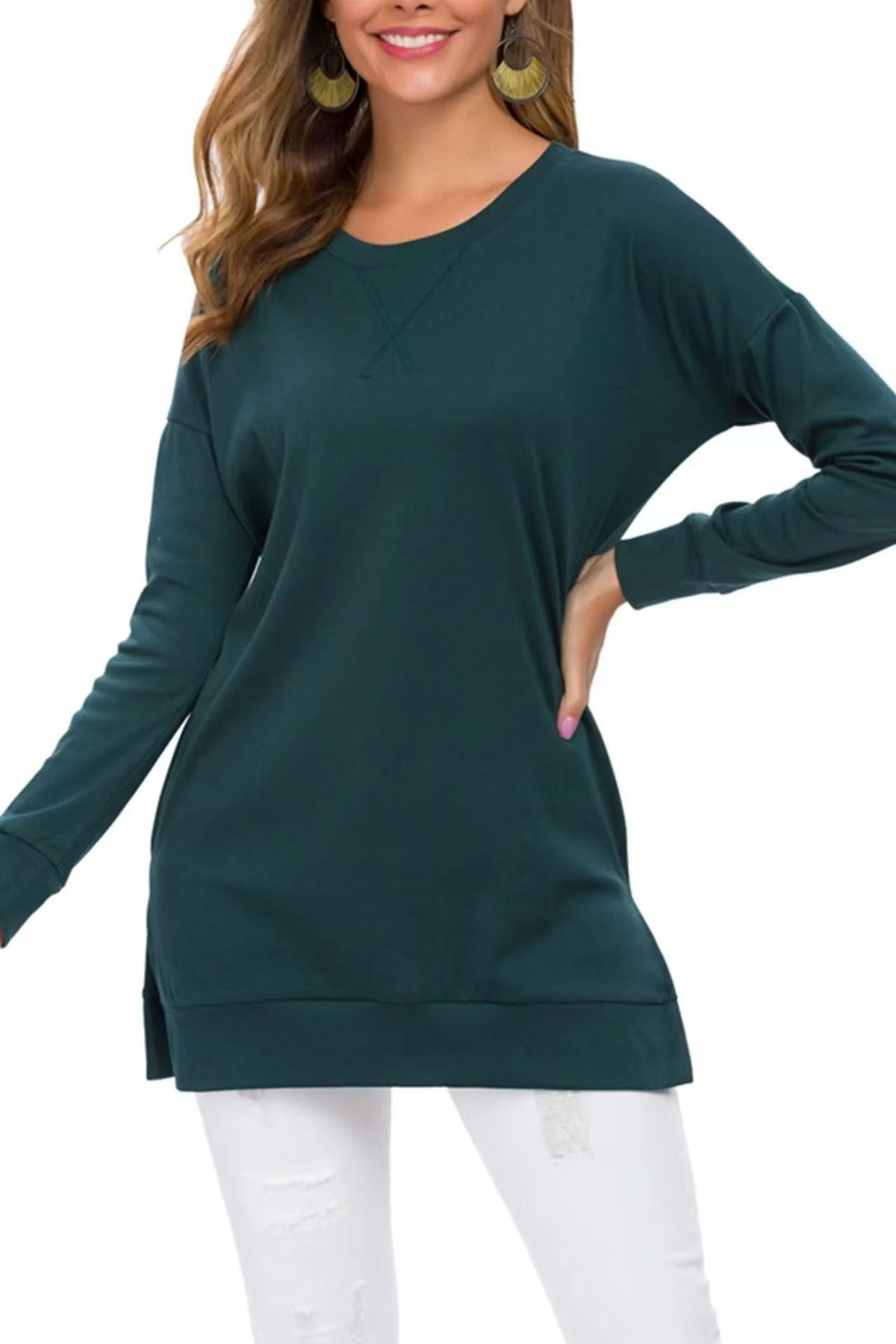 Women Simple Solid Color Round Neck Long Sleeve Blank T-Shirt
