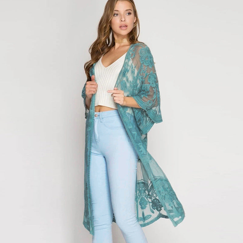 Women Casual Vacation Lace Mesh Long-Sleeve Cover-Up