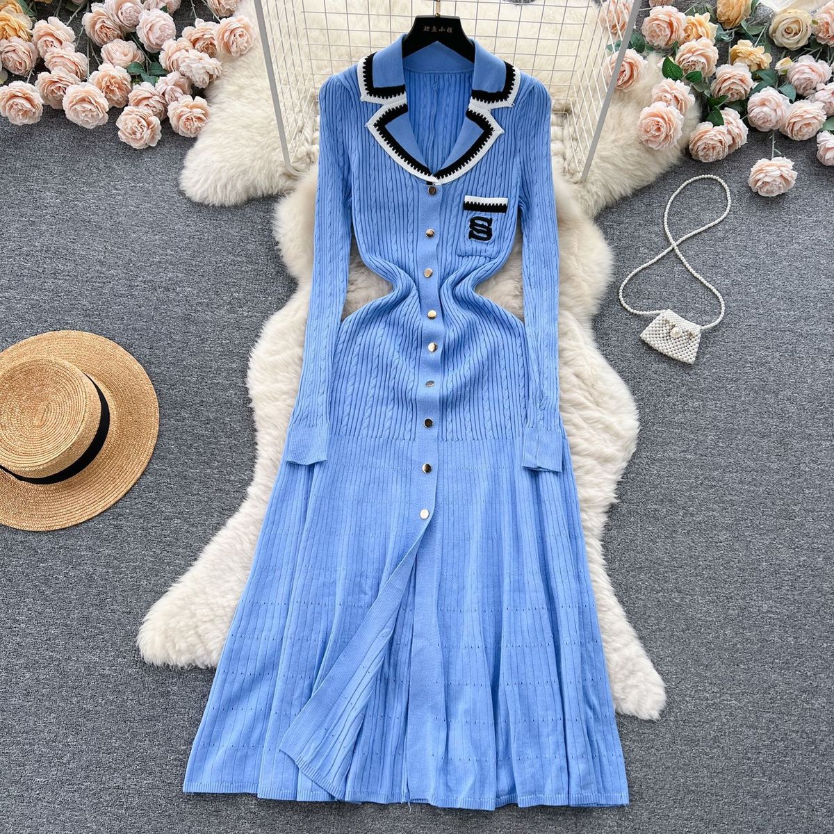 Women Fashion Elegant Contrast Color Knitted Dress