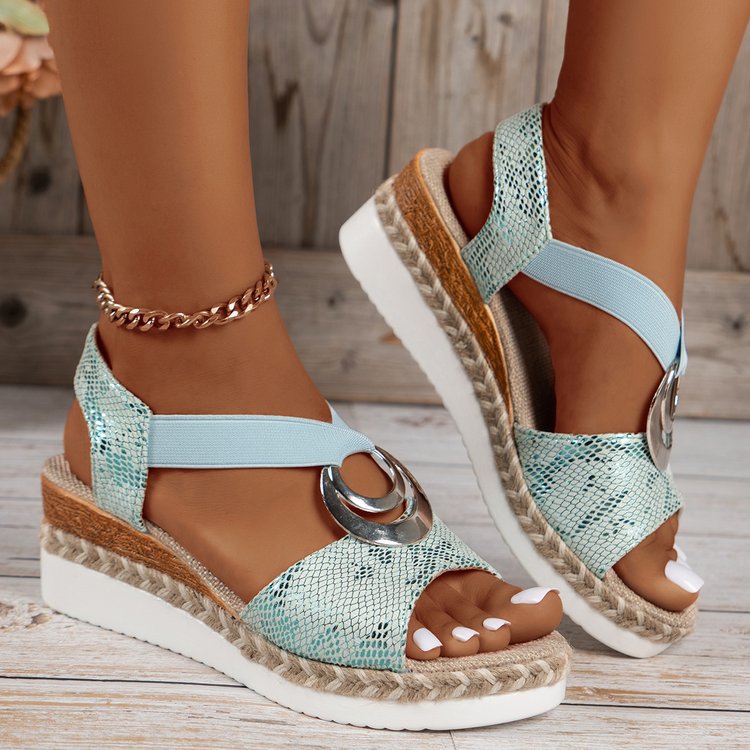 Sandales compensées à bout ouvert pour femmes, décontractées, en corde de chanvre, avec boucle en métal, pour les vacances