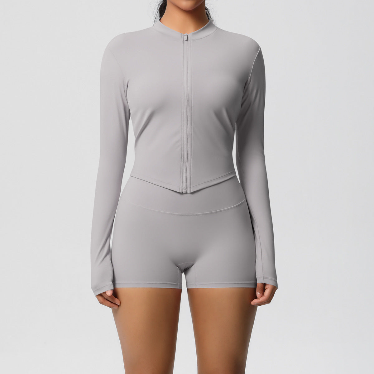 Ensemble haut à manches longues et short de yoga pour femme, couleur unie