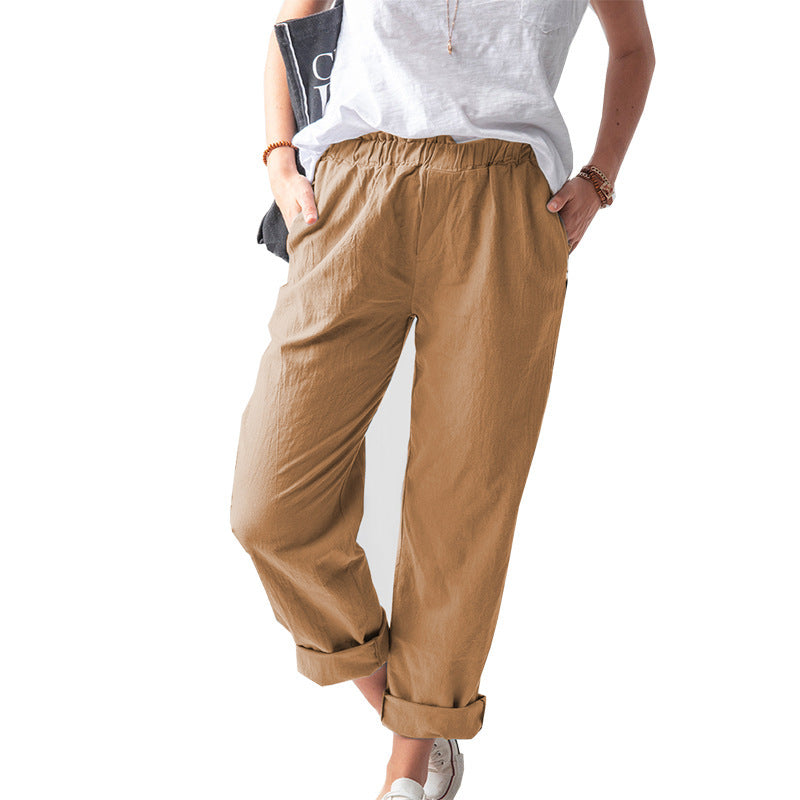 Women Casual Solid Color Cotton And Linen Pants